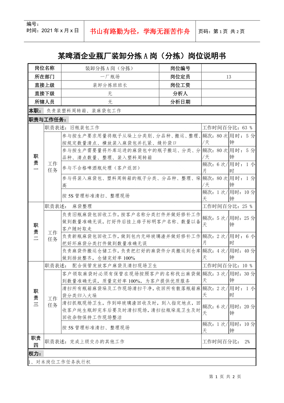 某啤酒企業(yè)瓶廠裝卸分揀a崗（分揀）崗位說(shuō)明書(shū)_第1頁(yè)