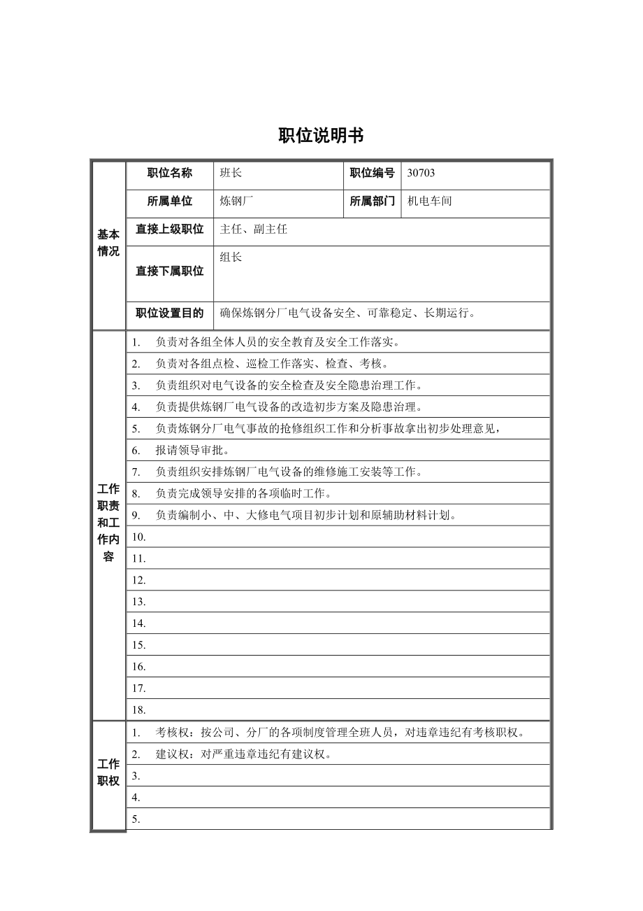 炼钢厂机电车间电工大班长职位说明书_第1页