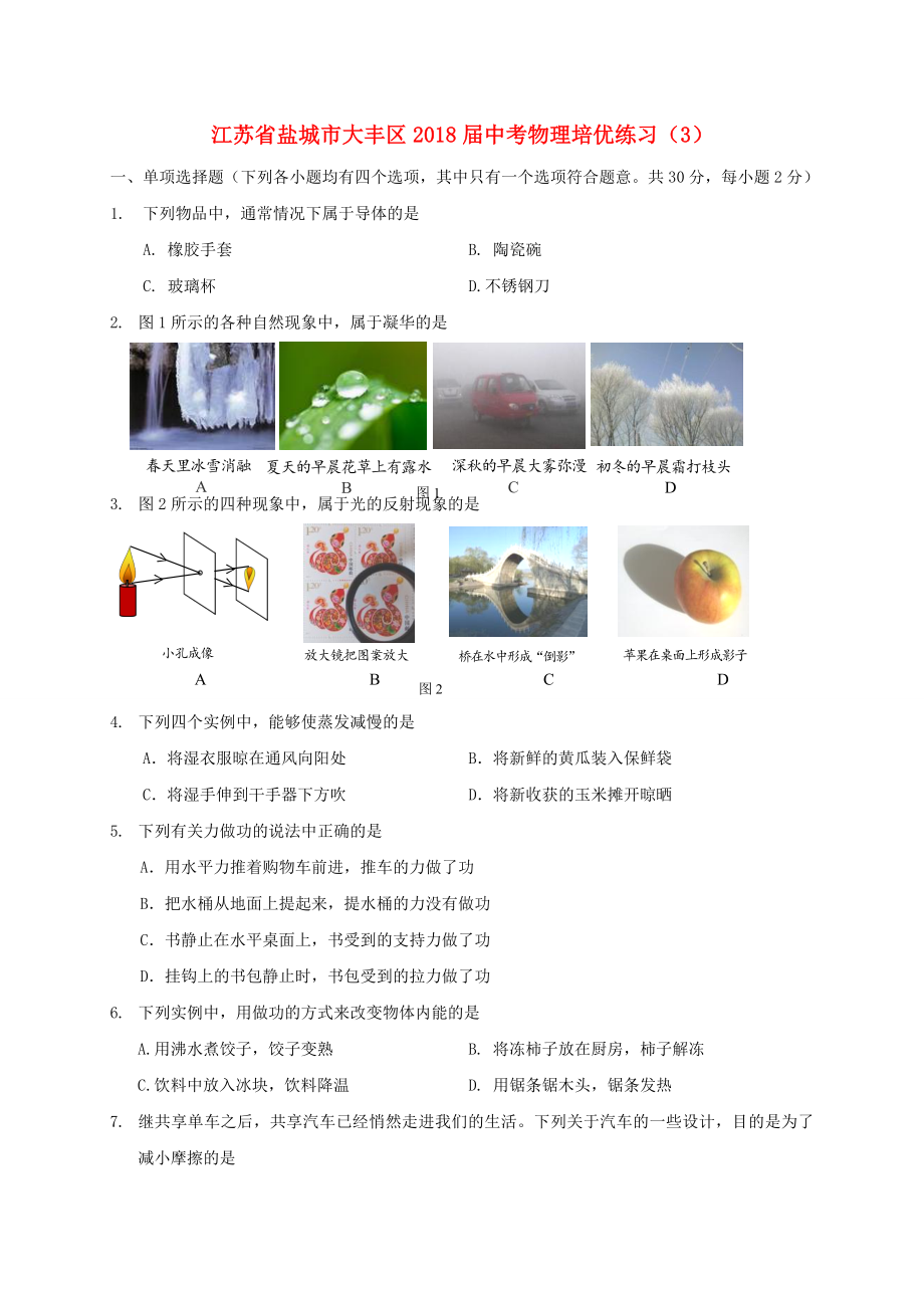 江苏省盐城市大丰区2018届中考物理培优练习3无答案_第1页