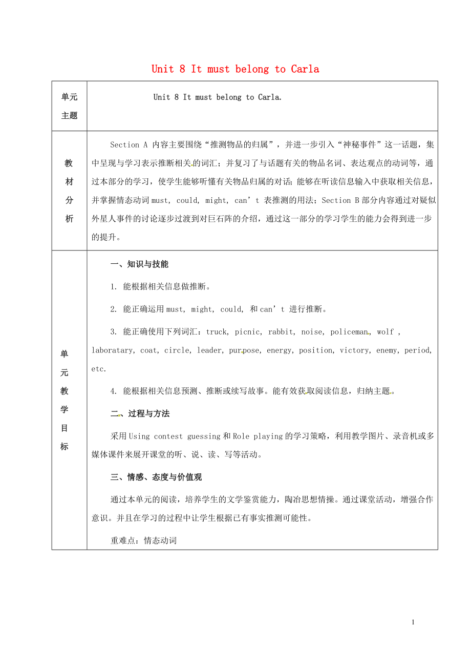 陜西省延安市富縣羊泉鎮(zhèn)九年級英語全冊 Unit 8 It must belong to Carla單元教案 （新版）人教新目標(biāo)版_第1頁