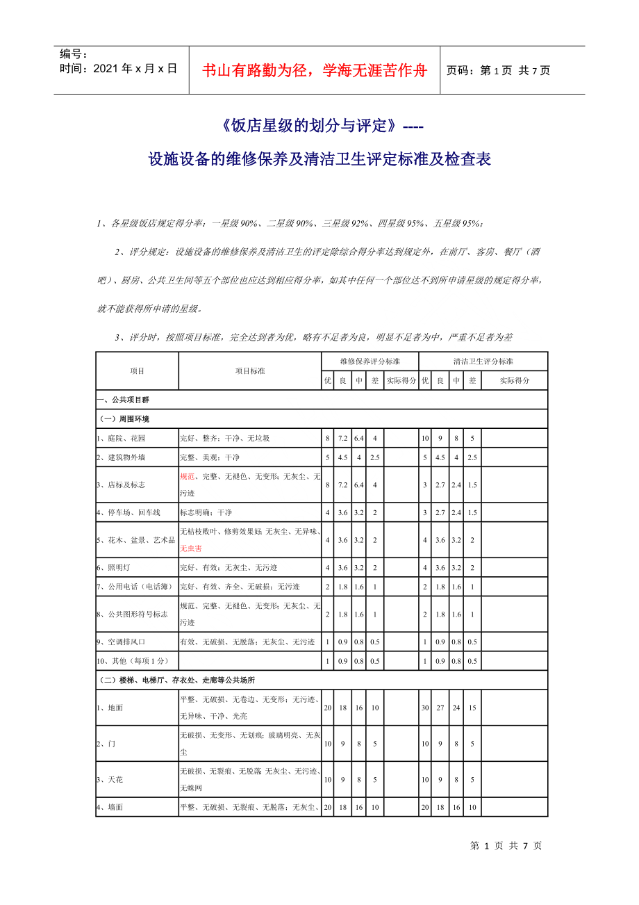 设施设备的维修保养与清洁卫生评定标准_第1页