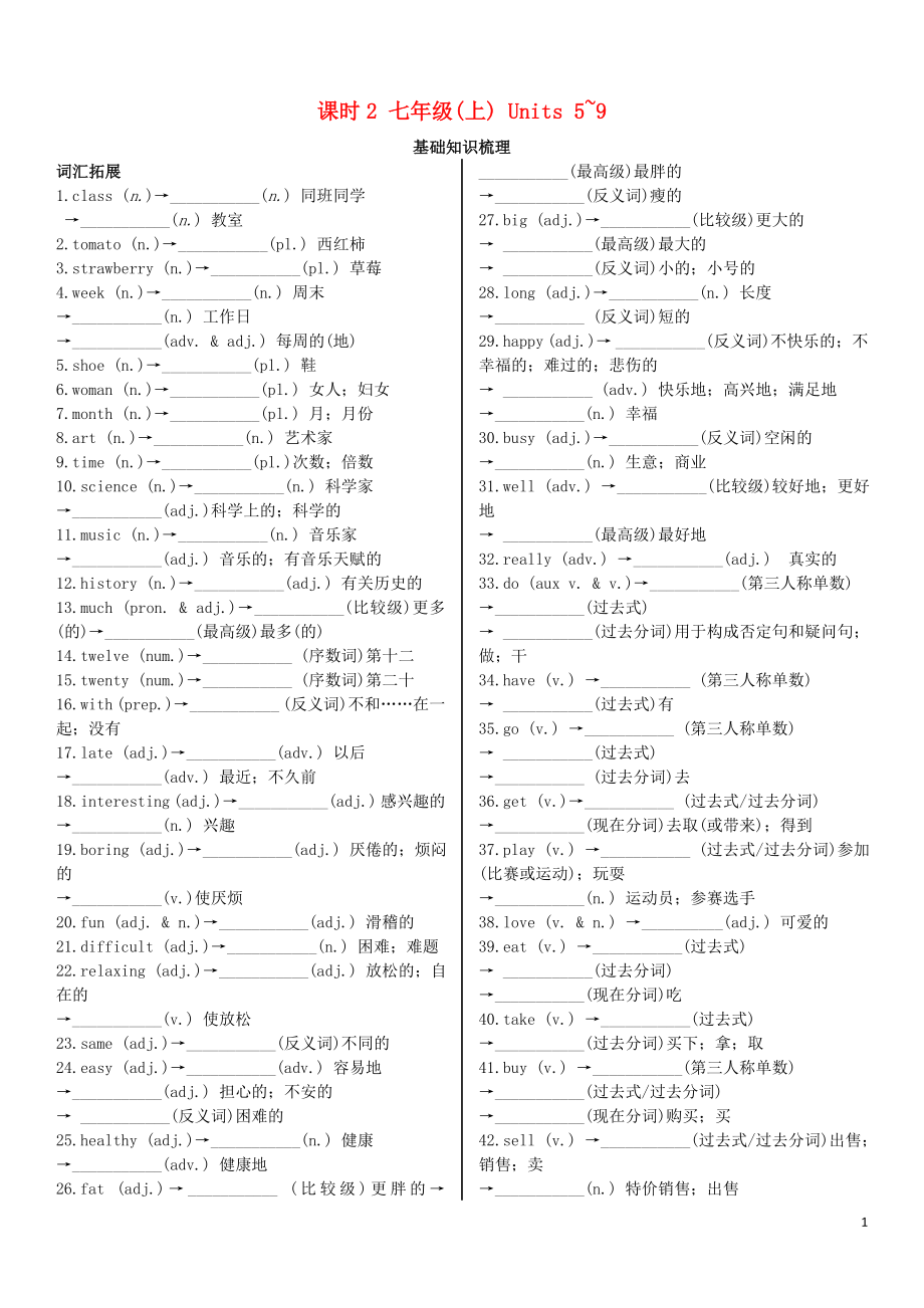 陜西省2019中考英語(yǔ)復(fù)習(xí) 知識(shí)梳理 課時(shí)2 七上 Starter Unit 5-9（基礎(chǔ)知識(shí)梳理）檢測(cè)_第1頁(yè)