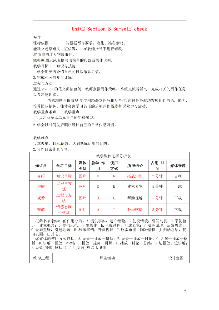 湖北省黃岡市麻城市七年級(jí)英語(yǔ)下冊(cè) Unit 2 What time do you go to school Section B（3a-self check）教學(xué)設(shè)計(jì) （新版）人教新目標(biāo)版_第1頁(yè)