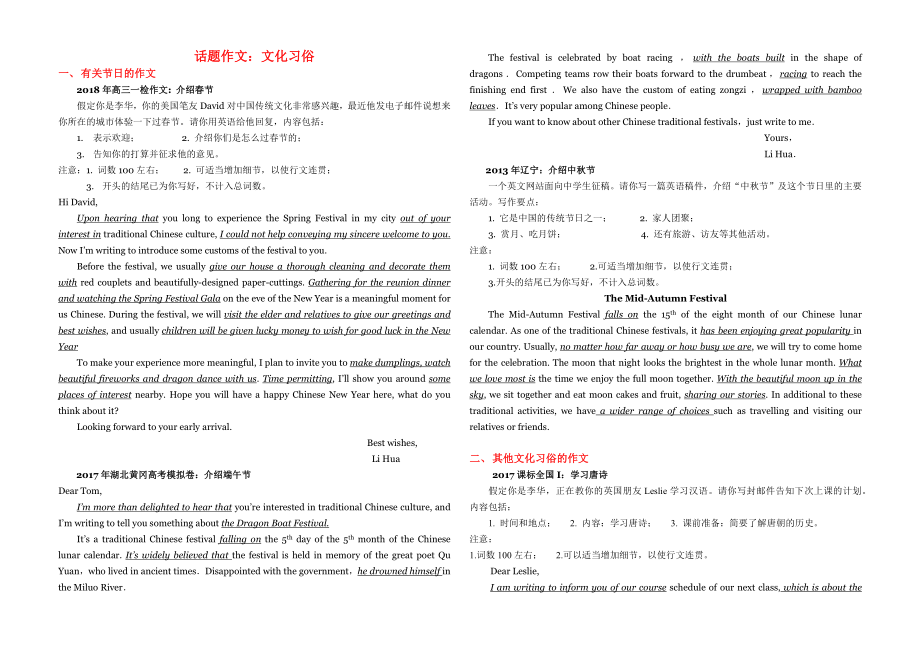 高中英语话题作文：中国的文化习俗_第1页