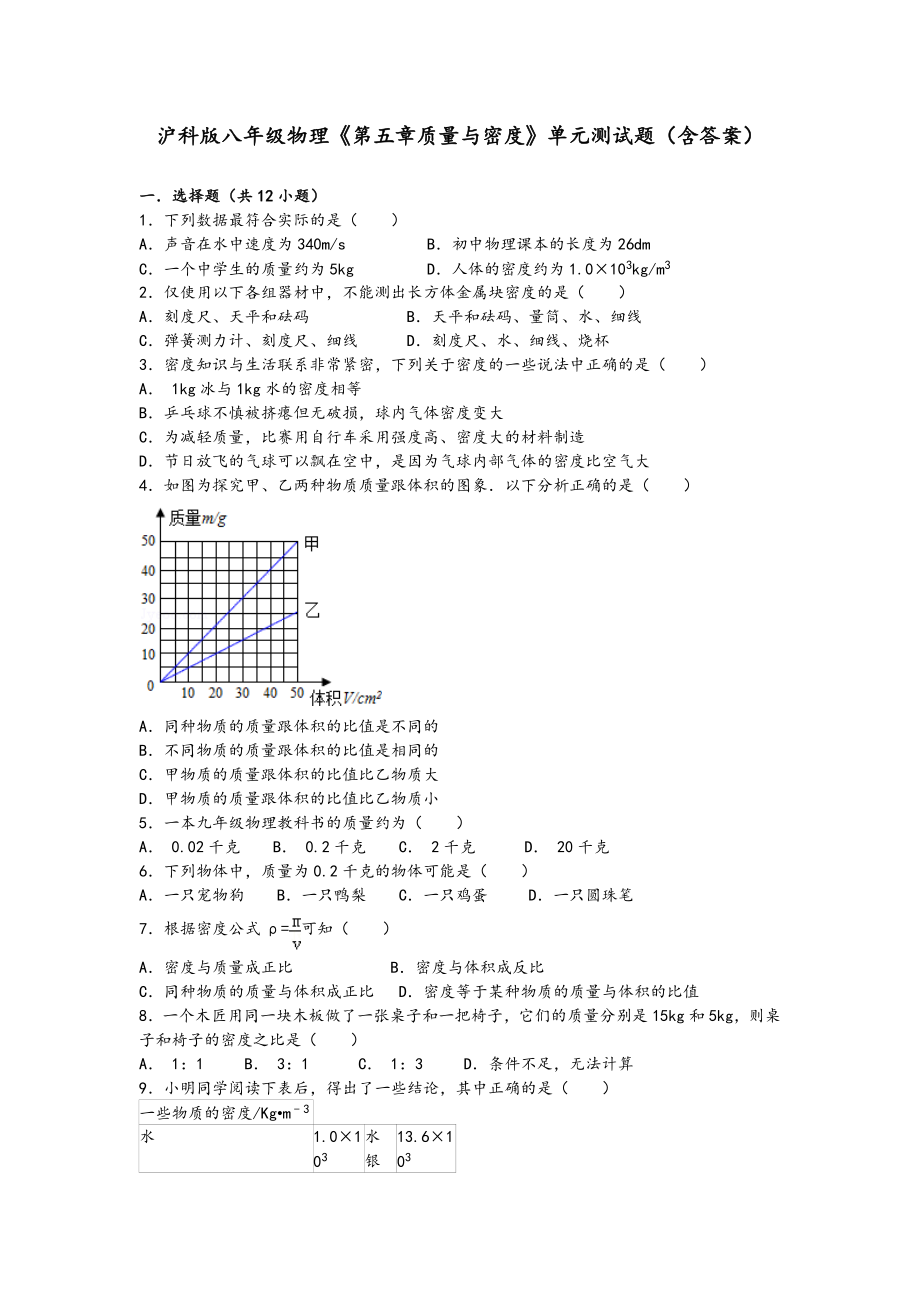 沪科版八年级物理《第五章质量与密度》单元测试题(含答案)_第1页