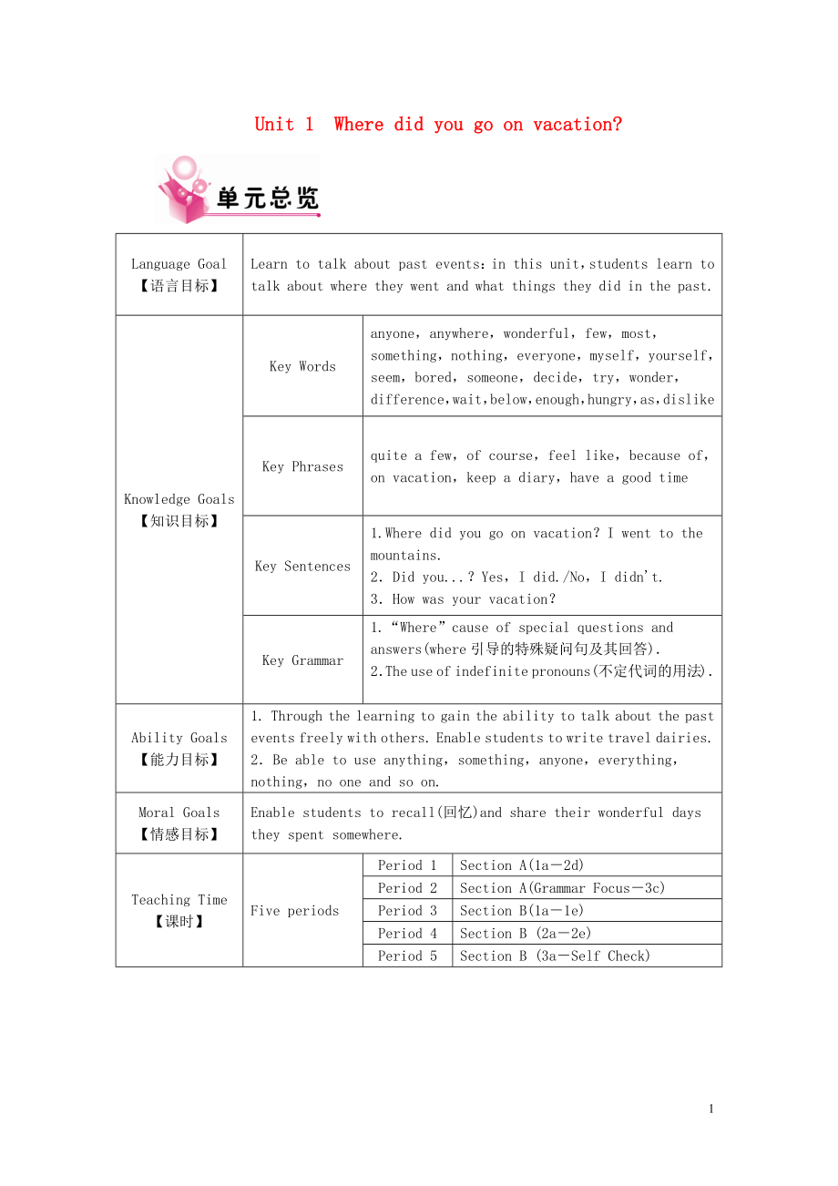 2019秋八年級(jí)英語(yǔ)上冊(cè) Unit 1 Where did you go on vacation教案 （新版）人教新目標(biāo)版_第1頁(yè)