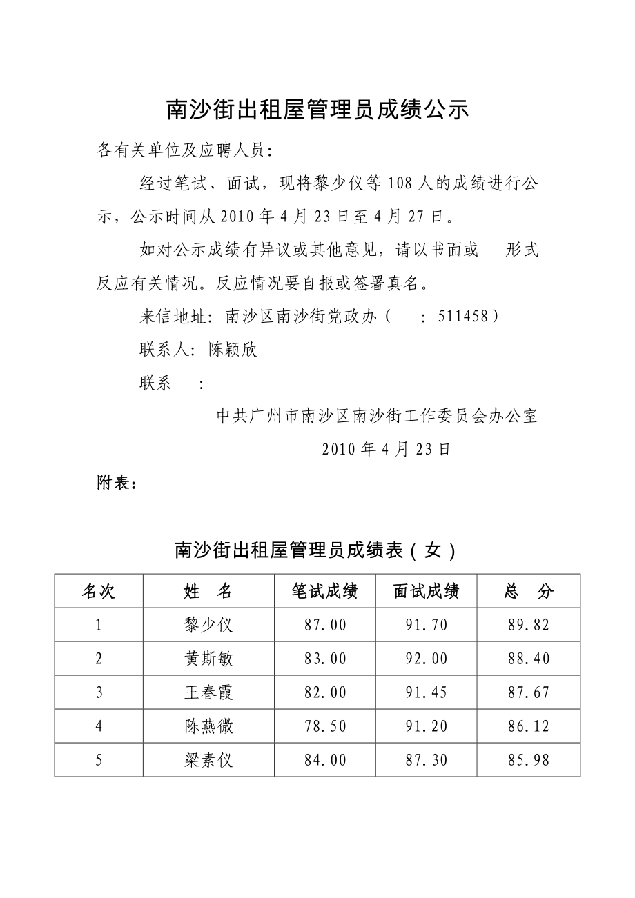 南沙街出租屋管理員成績_第1頁