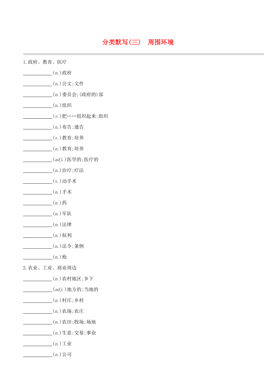 （浙江专版）2020中考英语复习方案 分类默写（三）周围环境试题_第1页