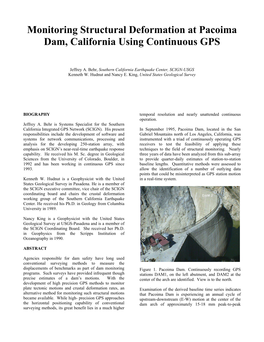 Continuous GPS Monitoring of Structural Deformation at Pacoima Dam_第1页