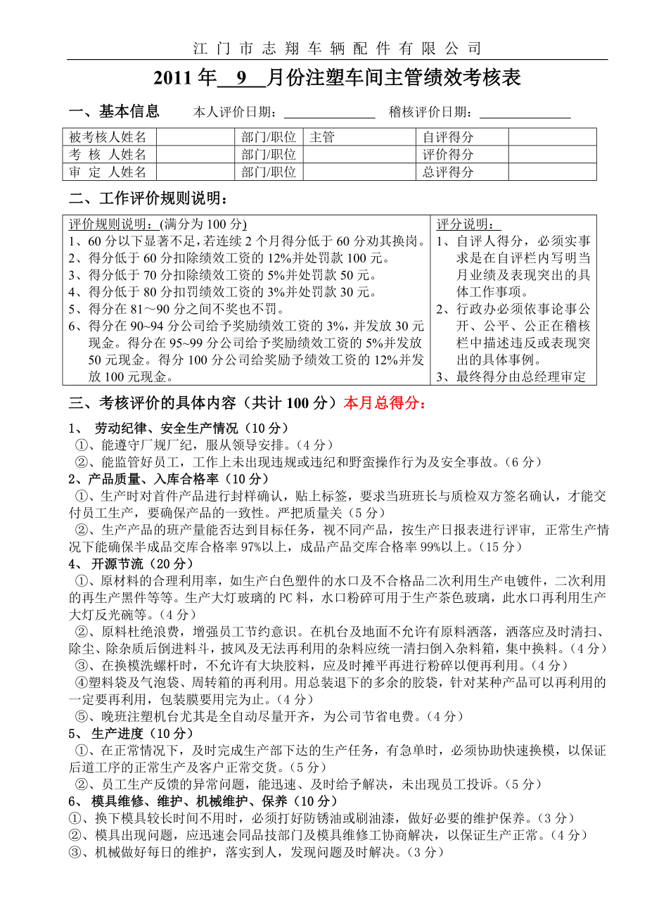 2011年 9 月注塑車間主管績(jī)效考核表_第1頁(yè)