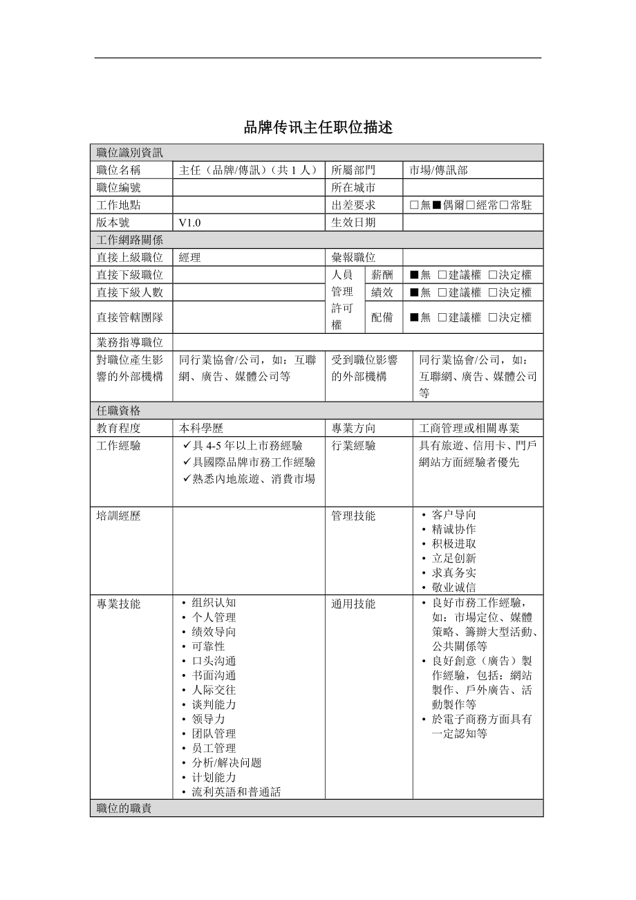 品牌传讯主任岗位说明书_第1页