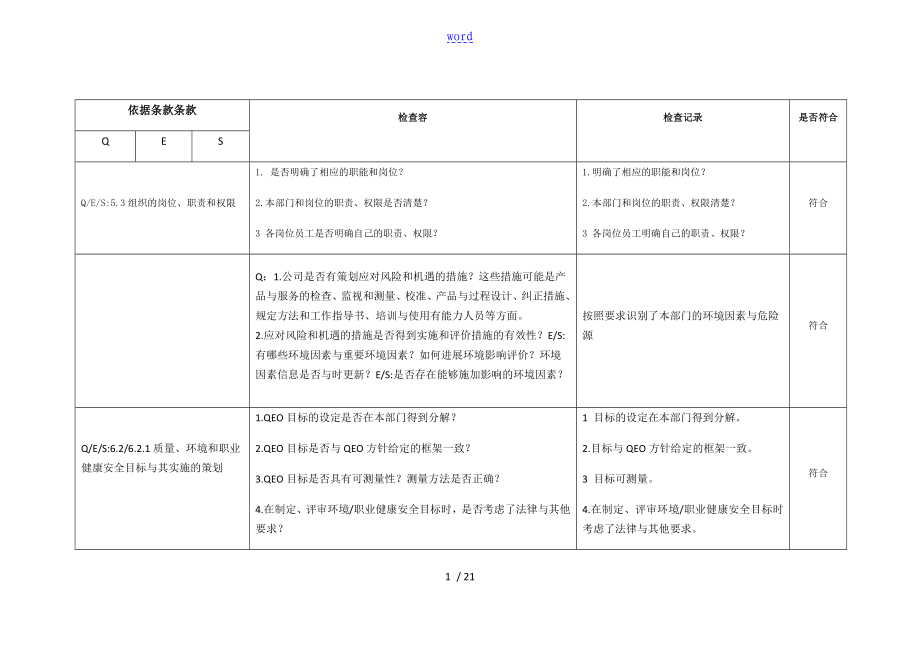 内审检查表项目部GBT19001GBT24001ISO45001高质量环境职业健康安全系统一体化管理系统体系_第1页