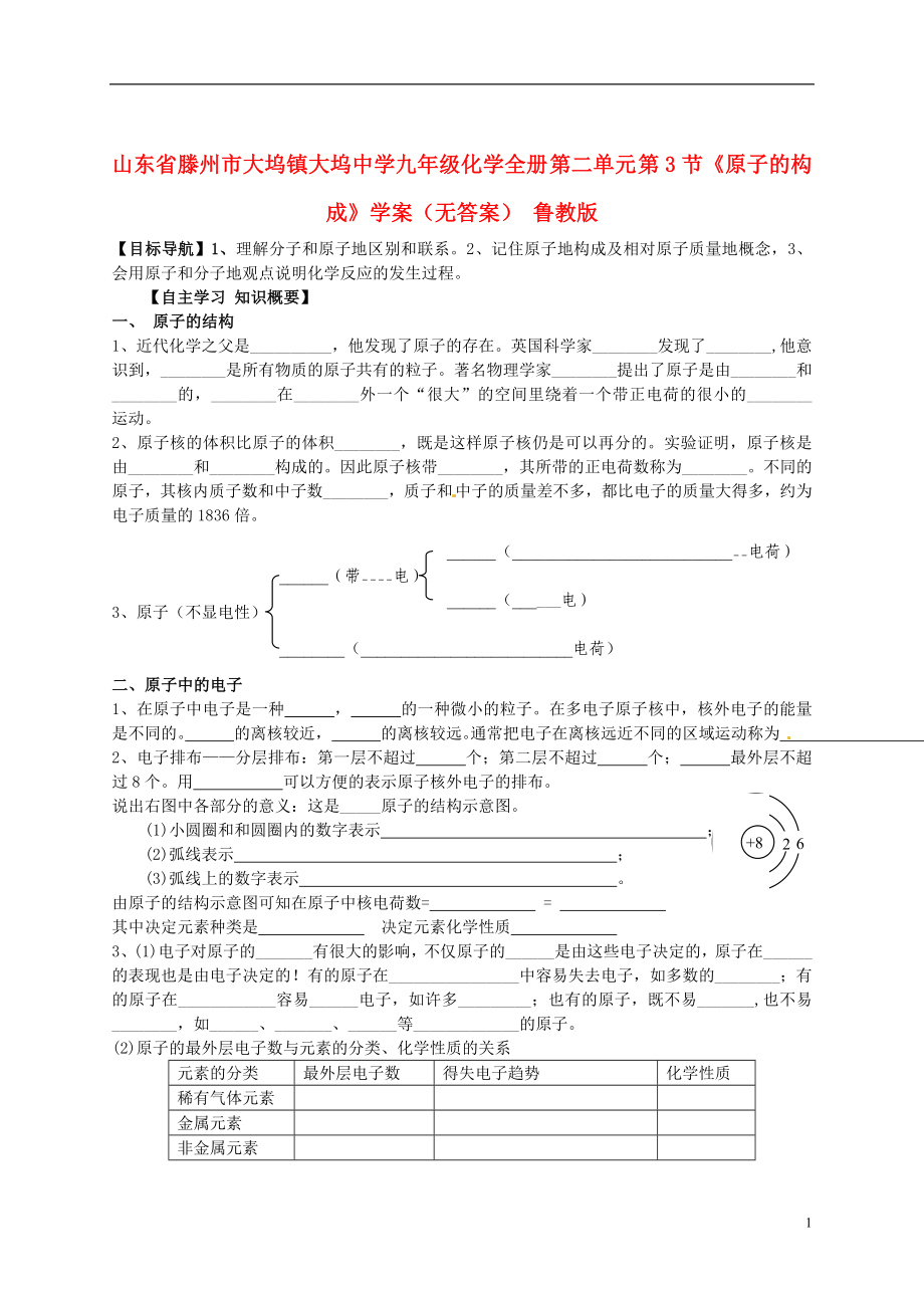 山東省滕州市大塢鎮(zhèn)大塢中學(xué)九年級(jí)化學(xué)全冊(cè) 第二單元 第3節(jié)《原子的構(gòu)成》學(xué)案_第1頁(yè)