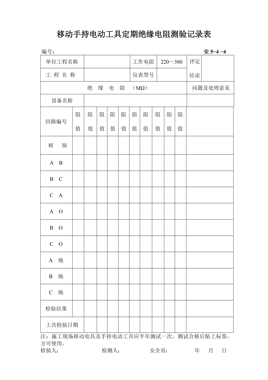 移动手持电动工具定期绝缘电阻检测记录表_第1页