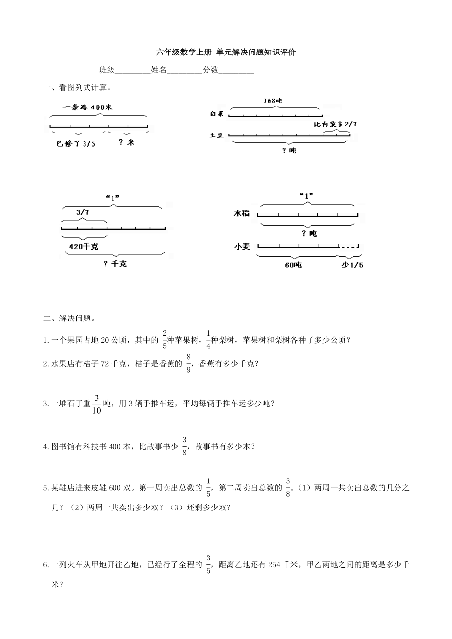 小学数学：单元解决问题知识评价(人教版六年级上册)_第1页