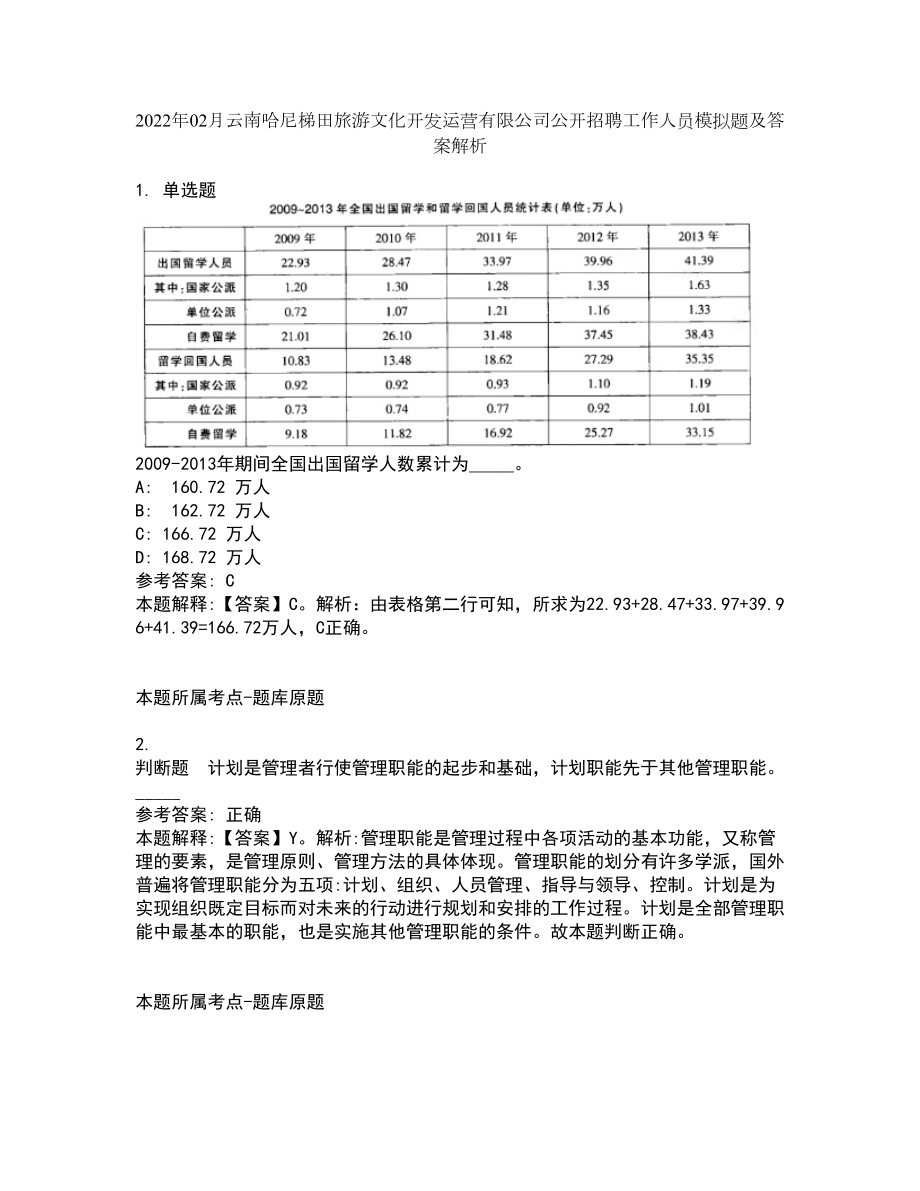 2022年02月云南哈尼梯田旅游文化开发运营有限公司公开招聘工作人员模拟题及答案解析第3期_第1页