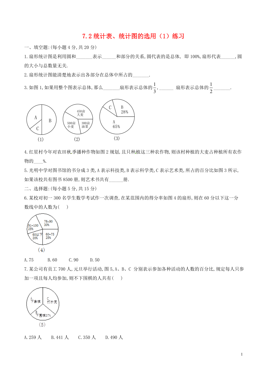 八年級(jí)數(shù)學(xué)下冊(cè) 第7章 數(shù)據(jù)的收集、整理、描述 7.2 統(tǒng)計(jì)表、統(tǒng)計(jì)圖的選用（1）練習(xí) （新版）蘇科版_第1頁(yè)