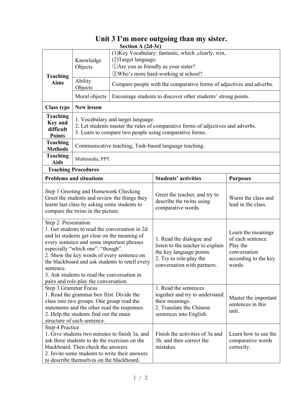 人教版八上Unit 3 Section A (2d-3c)教學(xué)設(shè)計(jì)_第1頁