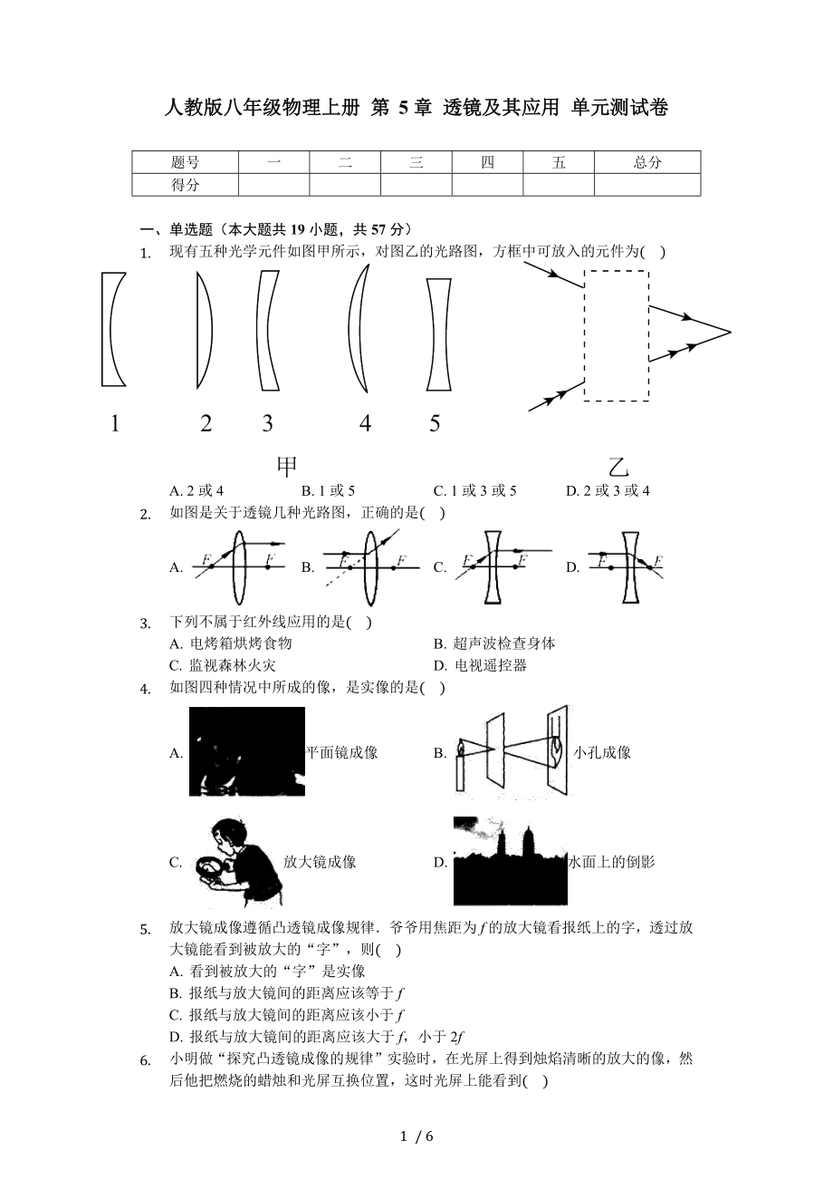 人教版八年級(jí)物理上冊(cè) 第5章 透鏡及其應(yīng)用 單元測(cè)試卷（無答案）_第1頁(yè)