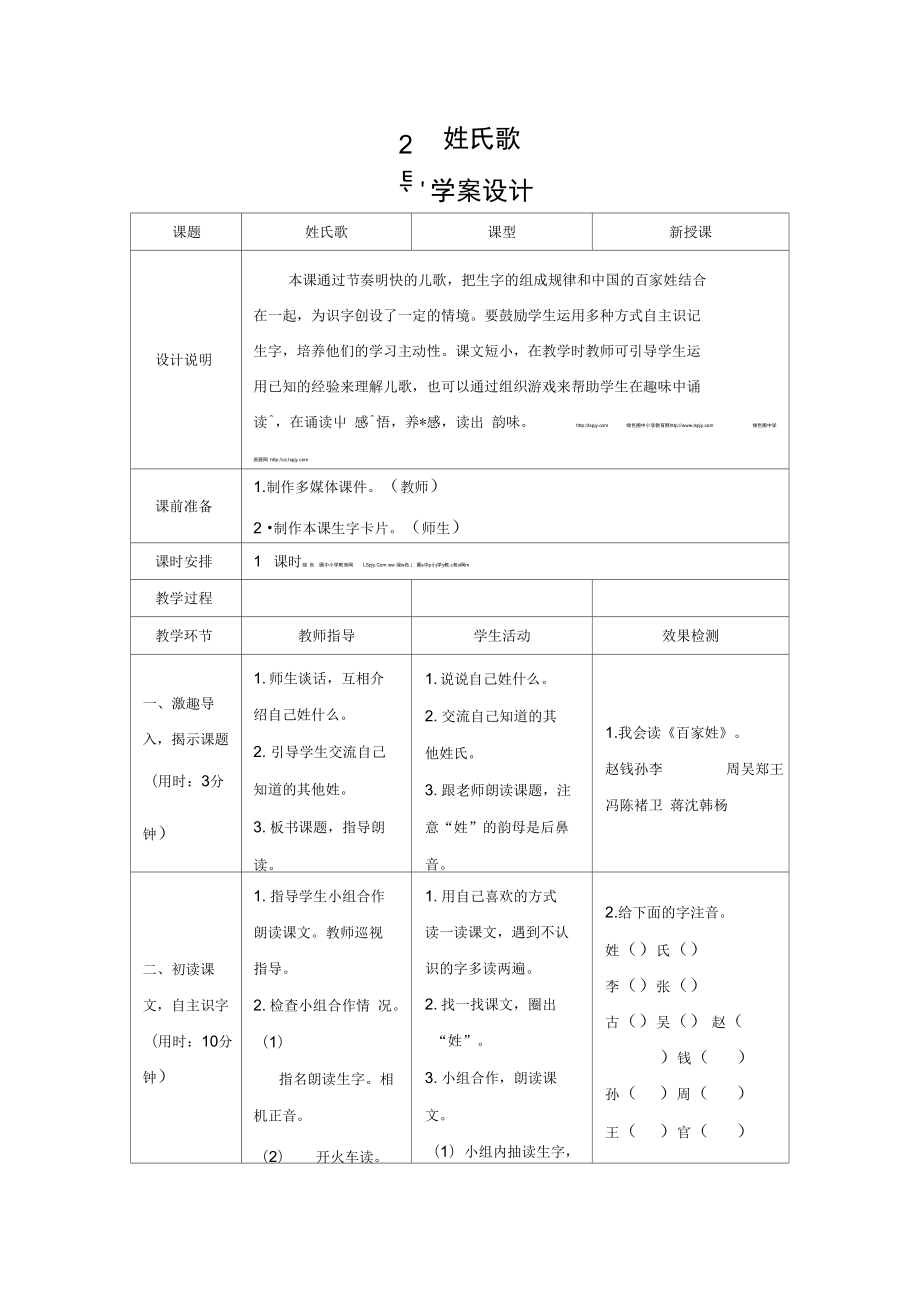 新部編人教版小學一年級下冊語文2姓氏歌導學案_第1頁