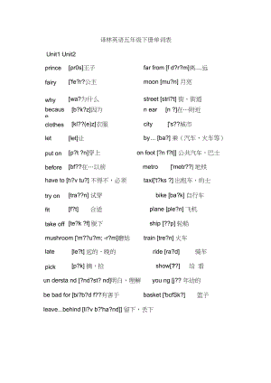 江蘇譯林版英語五年級上下冊單詞表附音標(biāo)