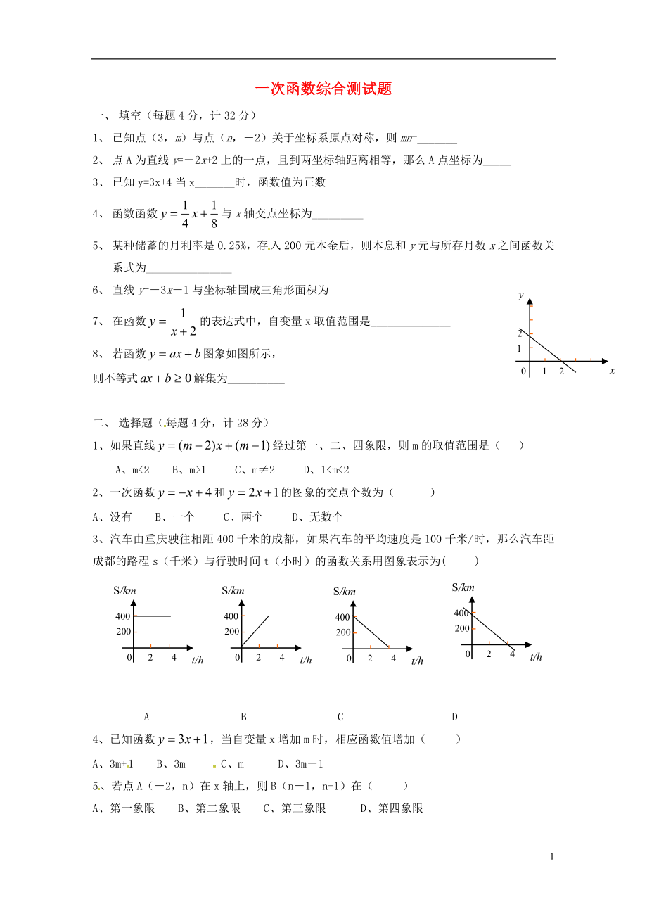 吉林省長(zhǎng)春汽車經(jīng)濟(jì)技術(shù)開發(fā)區(qū)八年級(jí)數(shù)學(xué)下冊(cè) 一次函數(shù)綜合測(cè)試題 （新版）湘教版_第1頁