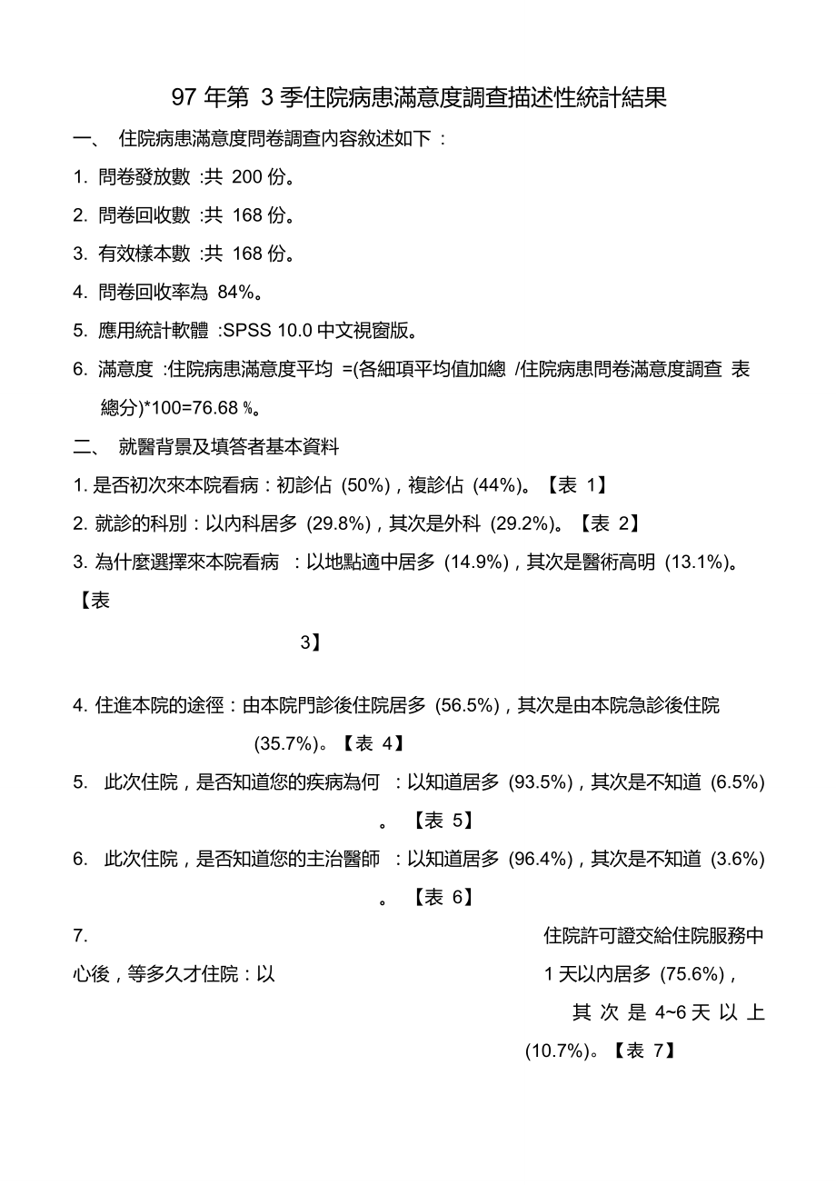 97年第3季住院病患满意度调查描述性统计结果_第1页