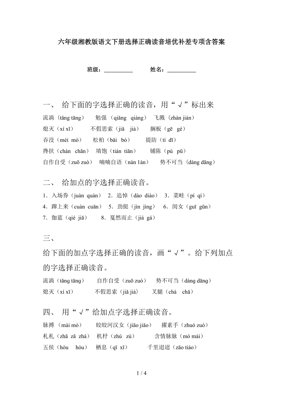六年级湘教版语文下册选择正确读音培优补差专项含答案_第1页