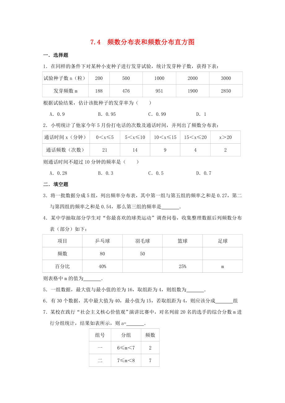 八年級數(shù)學下冊 第7章 數(shù)據(jù)的收集、整理、描述 7.4 頻數(shù)分布表和頻數(shù)分布直方圖作業(yè)設計 （新版）蘇科版_第1頁