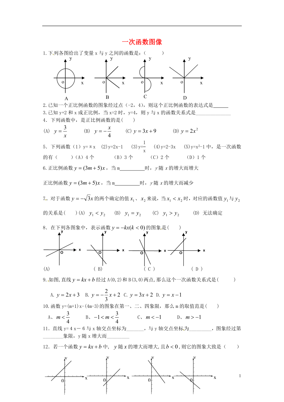 吉林省長春汽車經(jīng)濟(jì)技術(shù)開發(fā)區(qū)八年級數(shù)學(xué)下冊 一次函數(shù)圖像練習(xí)題（無答案）（新版）湘教版_第1頁