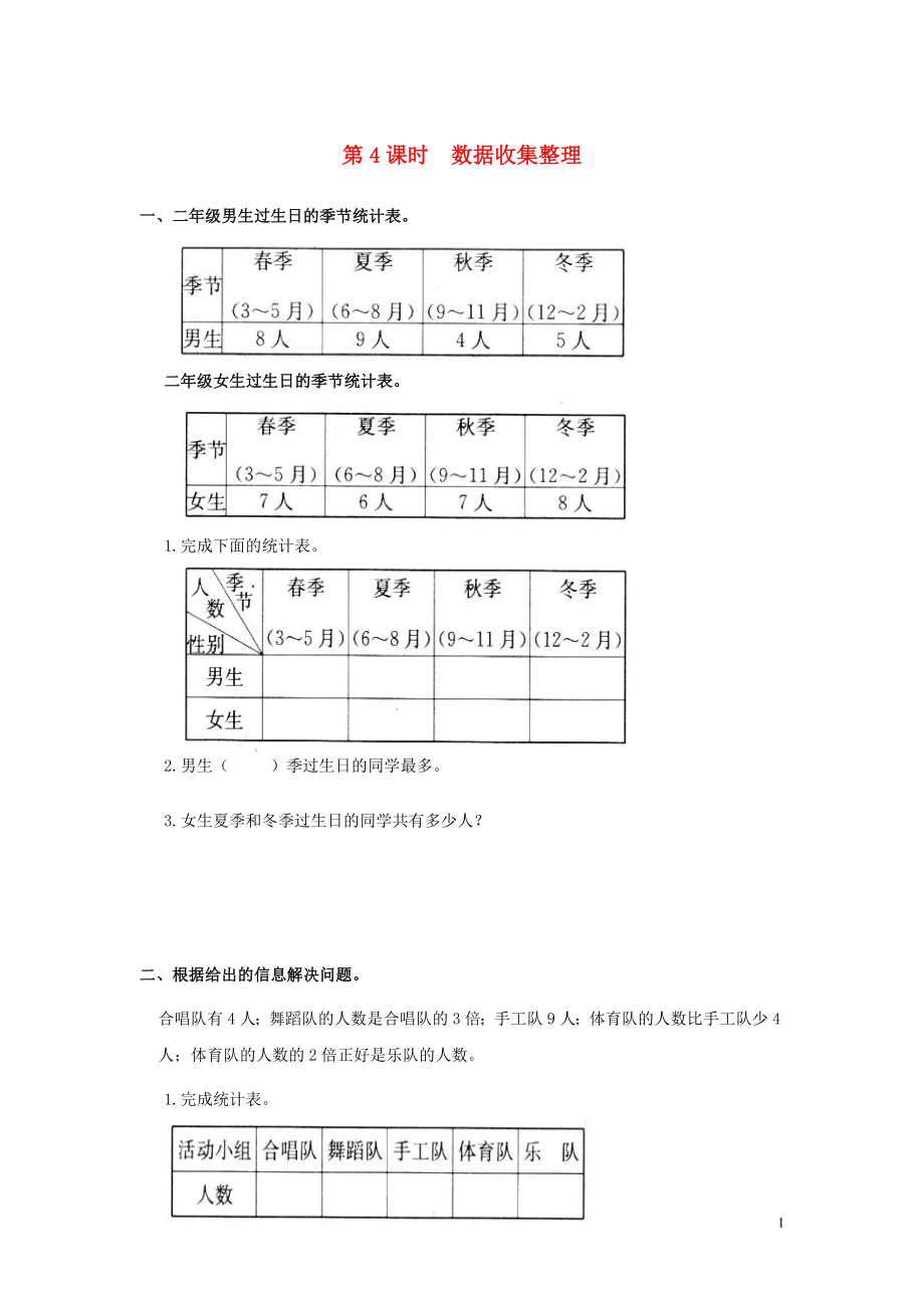 2019年春二年級(jí)數(shù)學(xué)下冊(cè) 第10單元 總復(fù)習(xí) 第4課時(shí) 數(shù)據(jù)收集整理課堂作業(yè)（無(wú)答案） 新人教版_第1頁(yè)