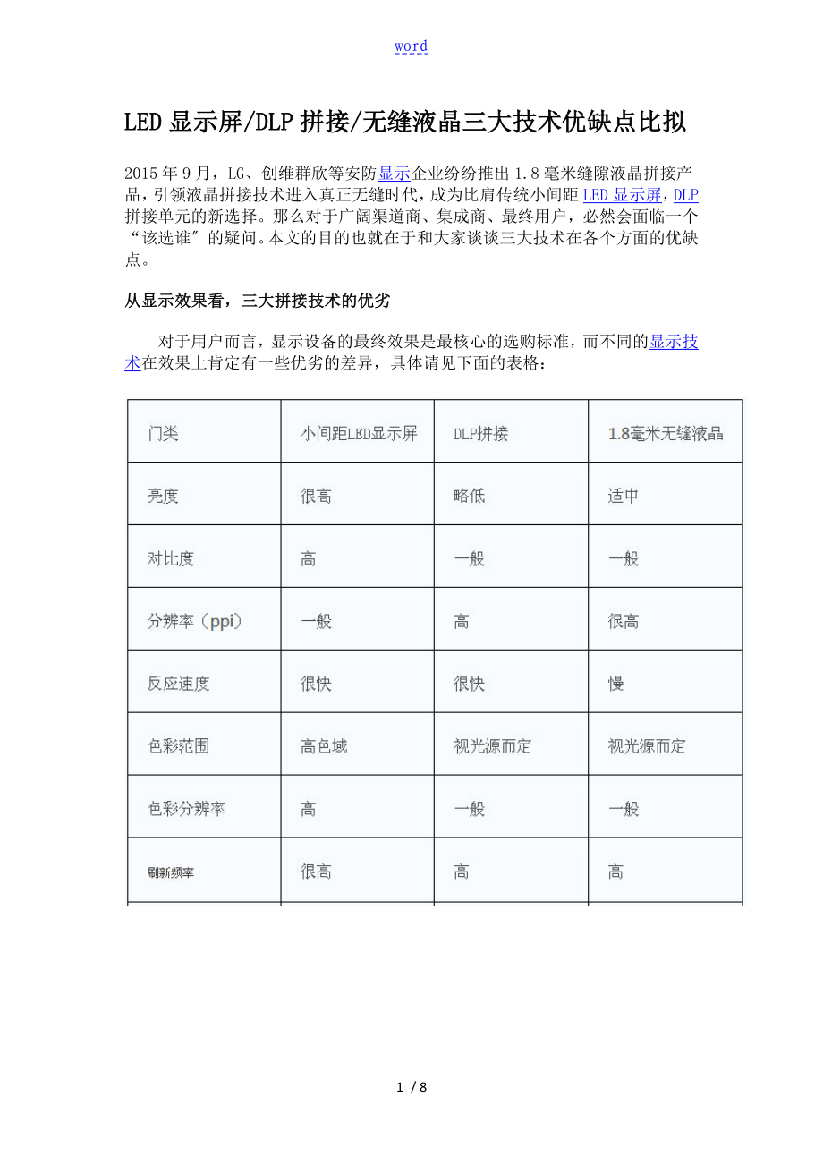 LED显示屏DLP拼接无缝液晶三大技术优缺点比较_第1页