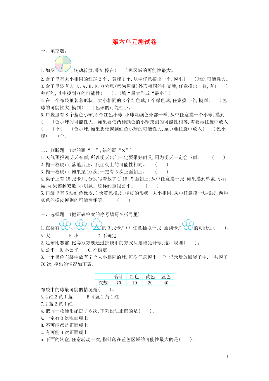 2018-2019學(xué)年四年級(jí)數(shù)學(xué)上冊(cè) 第六單元 可能性測(cè)試卷 蘇教版_第1頁