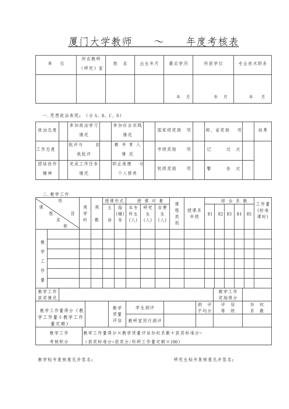 廈門大學(xué)教學(xué)科研人員 ～ 年度考核_第1頁