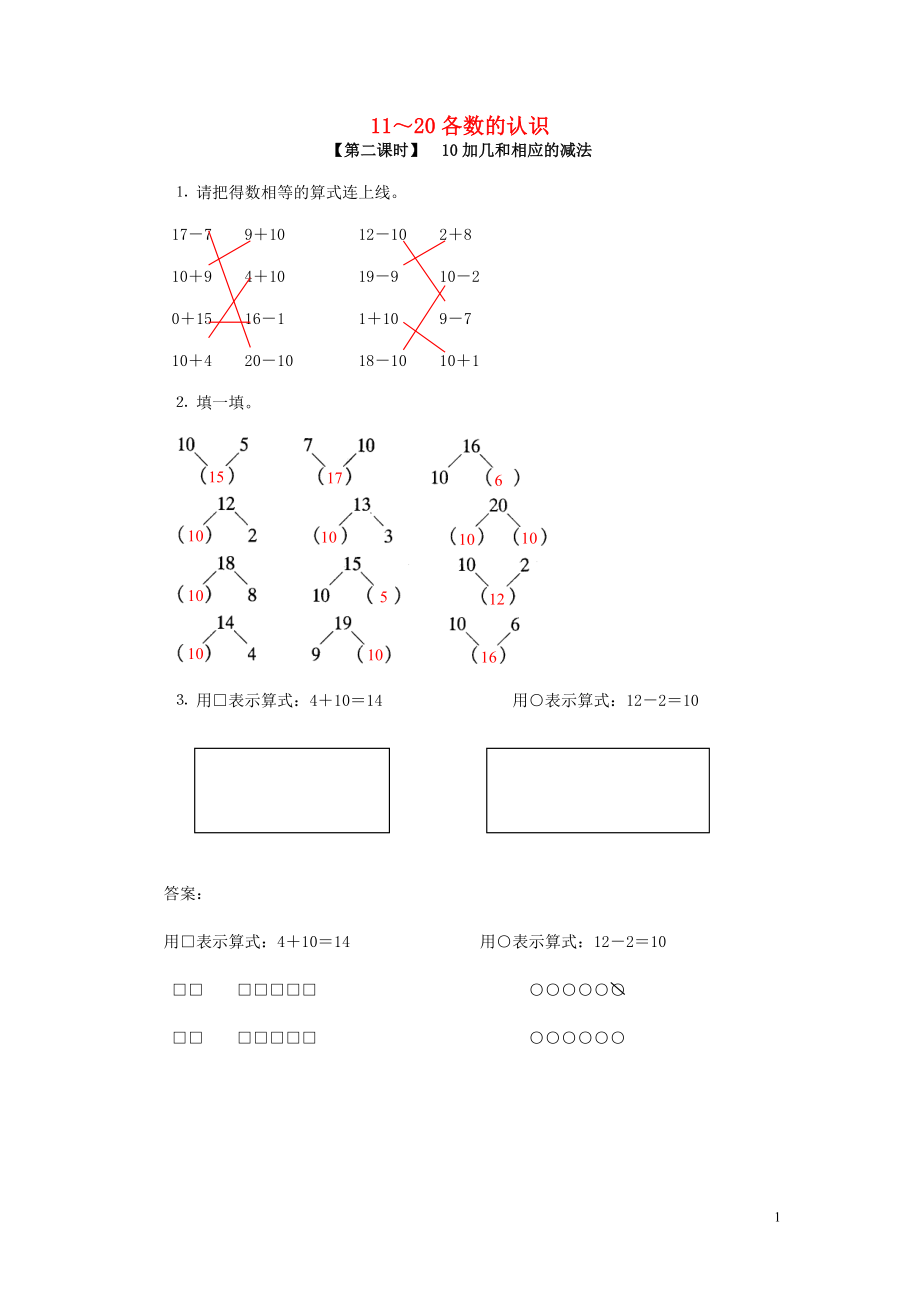 2018學(xué)年一年級數(shù)學(xué)上冊 7 11-20各數(shù)的認(rèn)識 10加幾的加法和相應(yīng)的減法試卷 新人教版_第1頁