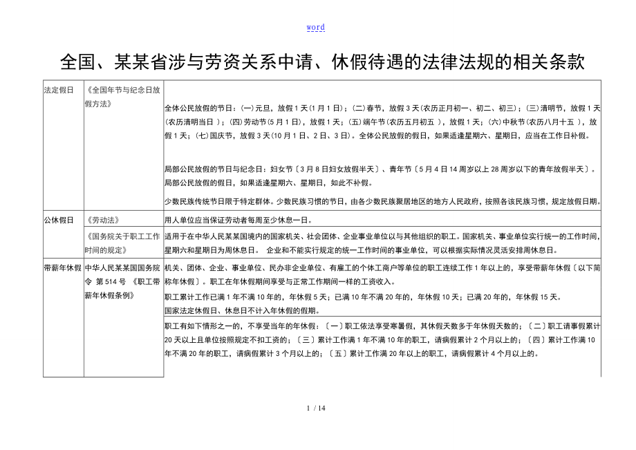 全国河南省涉及请休假待遇的法律法规_第1页