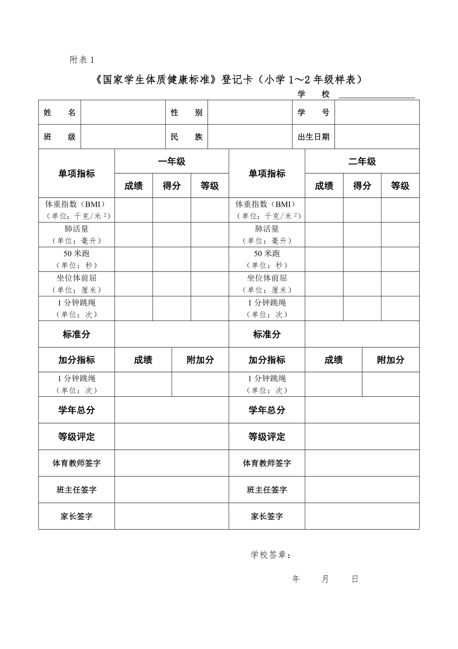 《国家学生体质健康标准》登记卡(小学1～2年级样表)_第1页