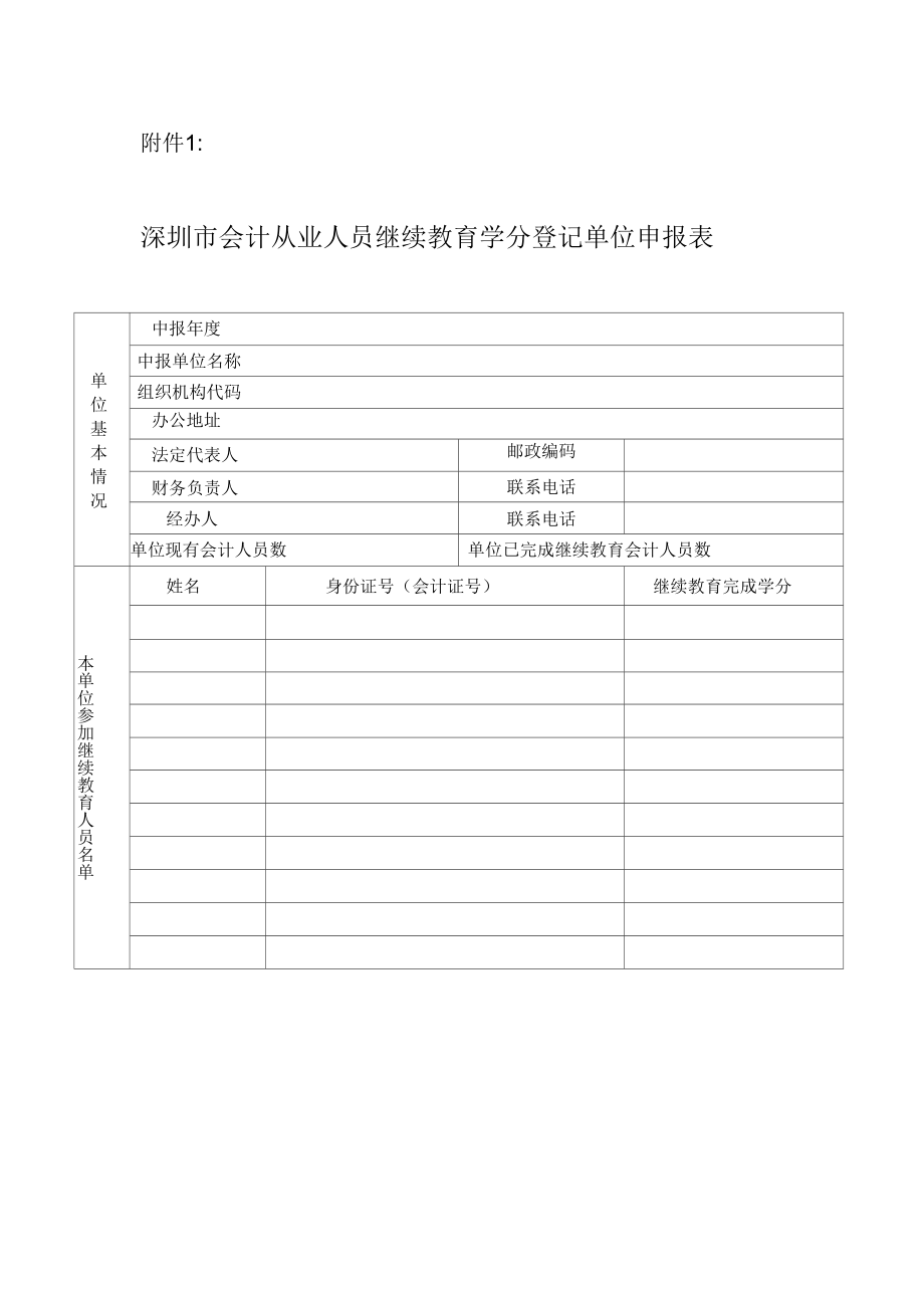 深圳会计从业人员继续教育学分登记单位申报表_第1页