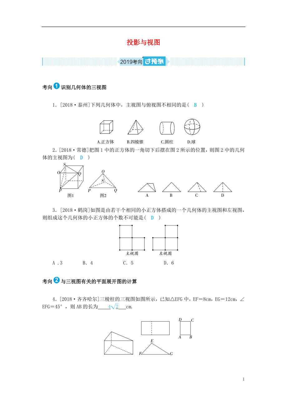 山東省德州市2019年中考數(shù)學(xué)一輪復(fù)習(xí) 第七章 圖形與變換 第24講 投影與視圖（過預(yù)測）練習(xí)_第1頁