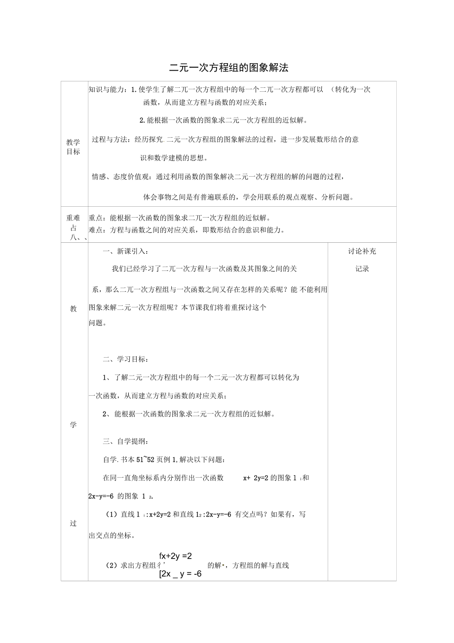 安徽省固镇县八年级数学上册12.3一次函数与二元一次方程二元一次方程组的图像解法2教案_第1页