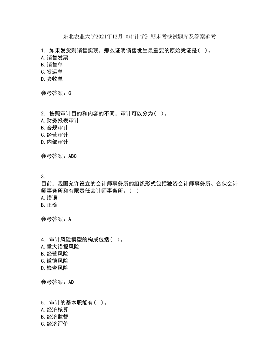 东北农业大学2021年12月《审计学》期末考核试题库及答案参考77_第1页