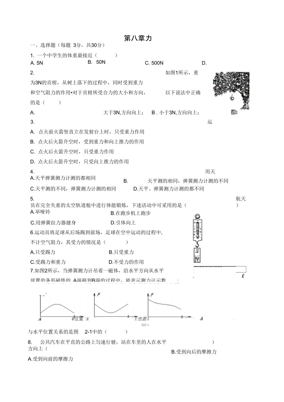 八年級(jí)物理下冊(cè)第八章力綜合測(cè)試題蘇科版_第1頁(yè)