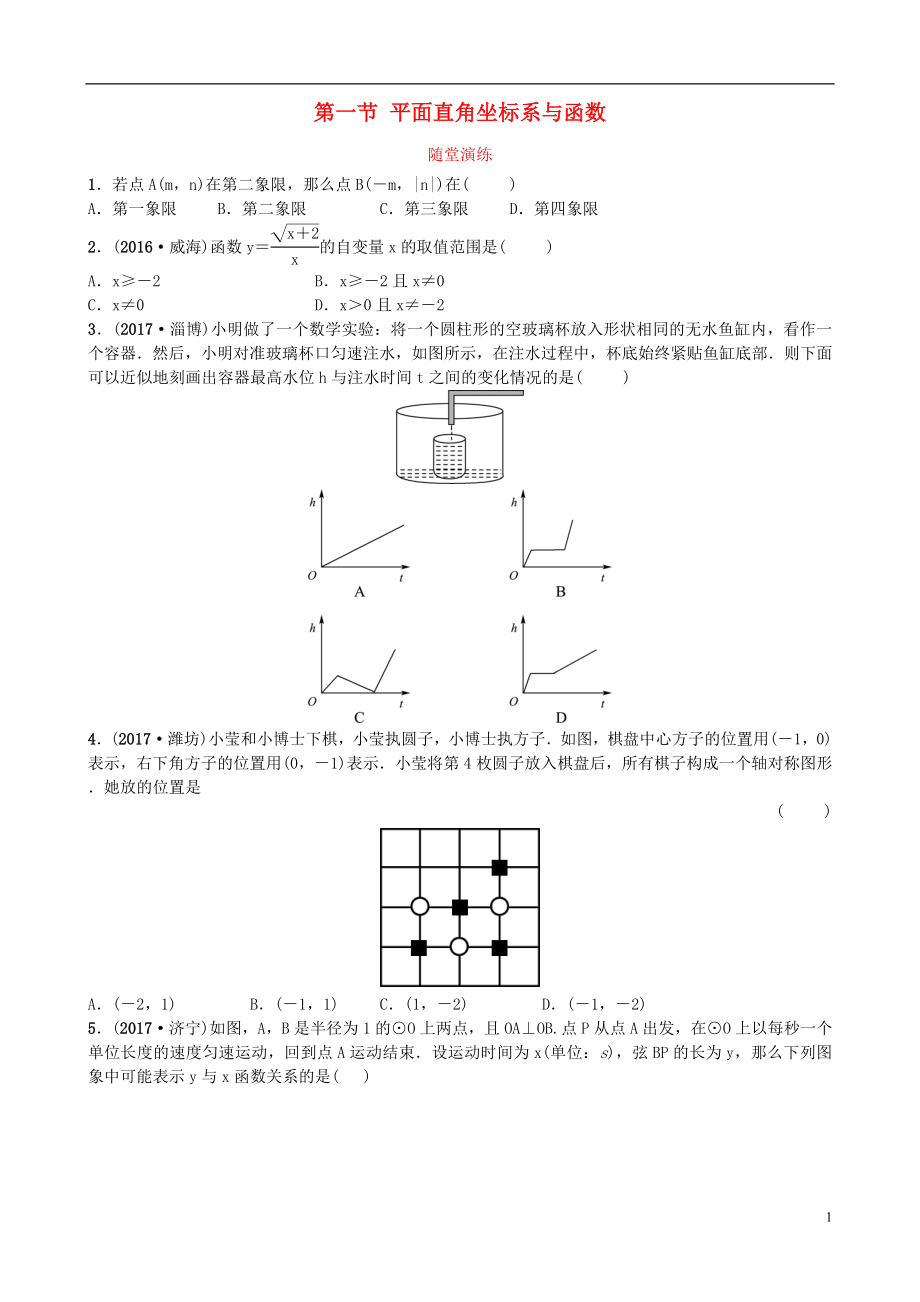 山東省濟(jì)南市2018年中考數(shù)學(xué)一輪復(fù)習(xí) 隨堂演練 第三章 函數(shù) 第一節(jié) 平面直角坐標(biāo)系與函數(shù)試題_第1頁(yè)