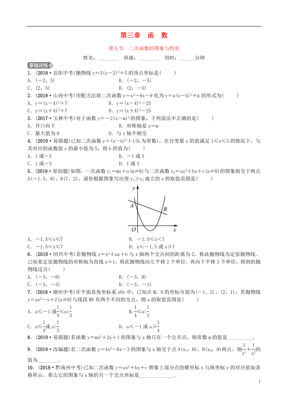 山東省德州市2019年中考數(shù)學(xué)同步復(fù)習(xí) 第三章 函數(shù) 第五節(jié) 二次函數(shù)的圖象與性質(zhì)訓(xùn)練_第1頁(yè)