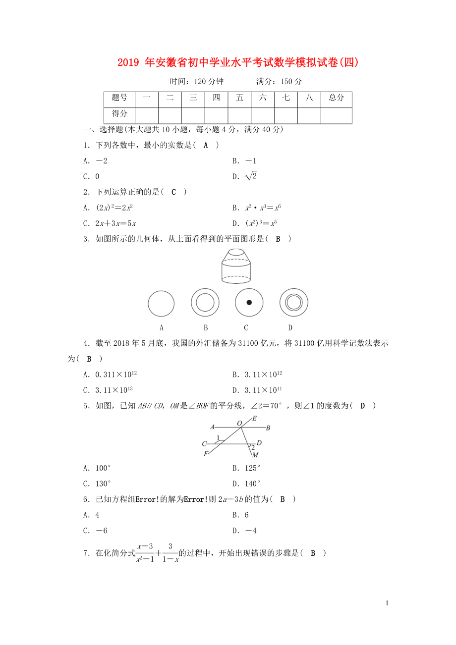 安徽省2019中考數(shù)學決勝二輪復習 學業(yè)水平模擬卷4_第1頁