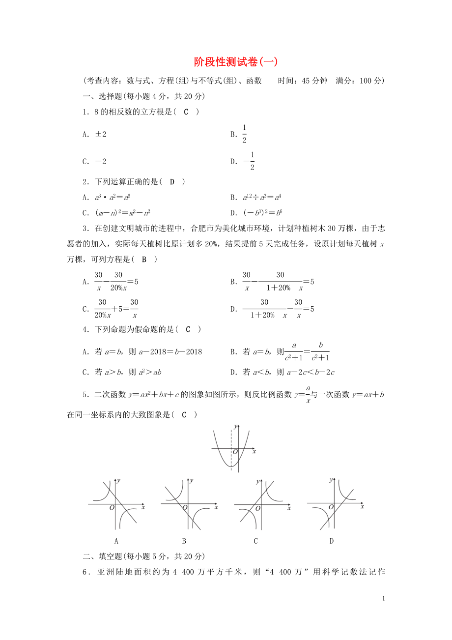 安徽省2019中考數(shù)學決勝一輪復習 階段性測試卷1_第1頁