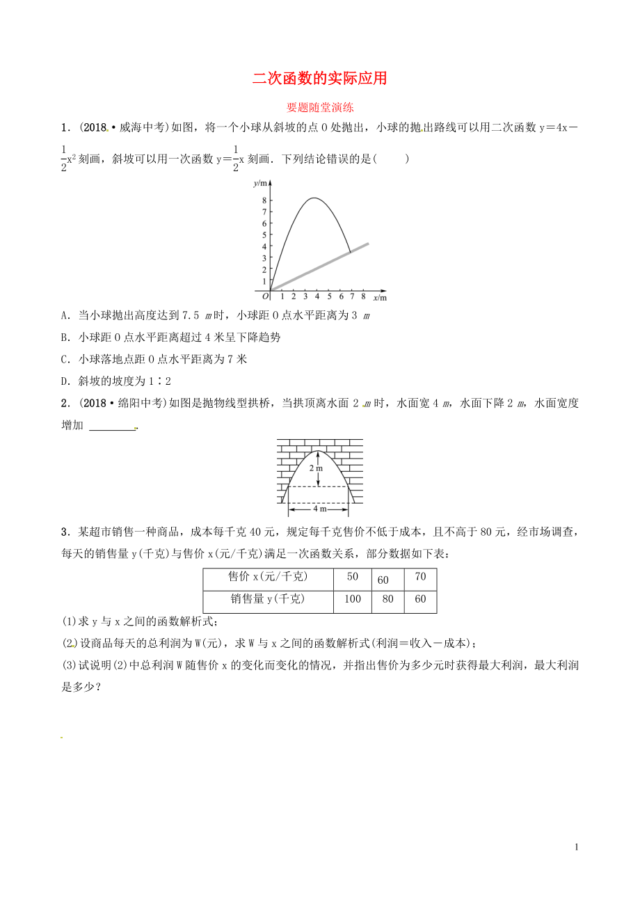 山东省德州市2019中考数学复习 第三章 函数 第六节 二次函数的实际应用要题随堂演练_第1页