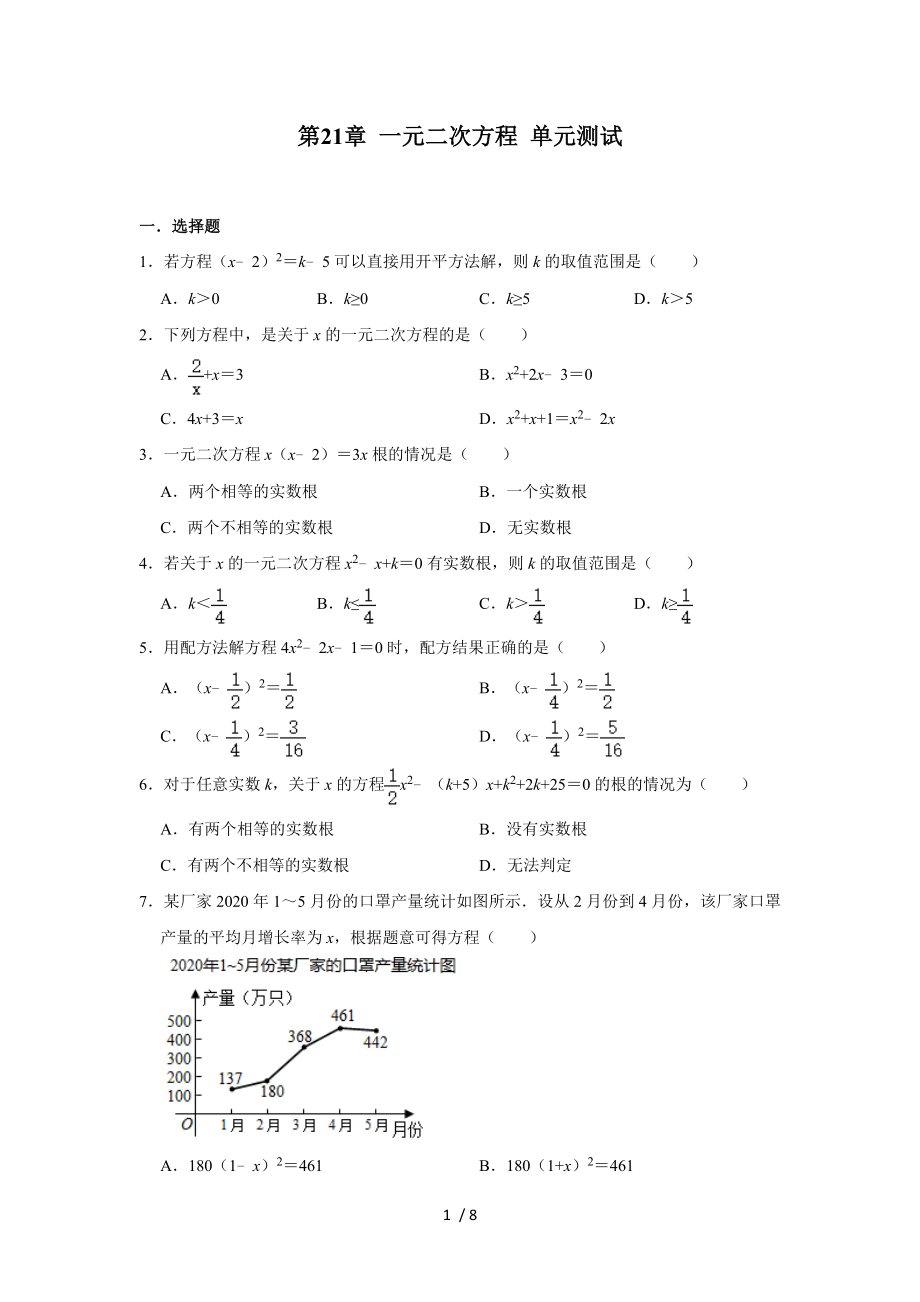 人教版九年級上冊數(shù)學 第21章 一元二次方程 單元測試_第1頁