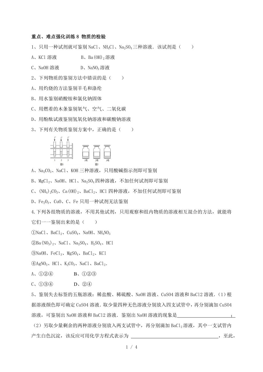 第十一单元 重点、难点强化训练物质的检验-人教版九年级下册化学同步练习_第1页