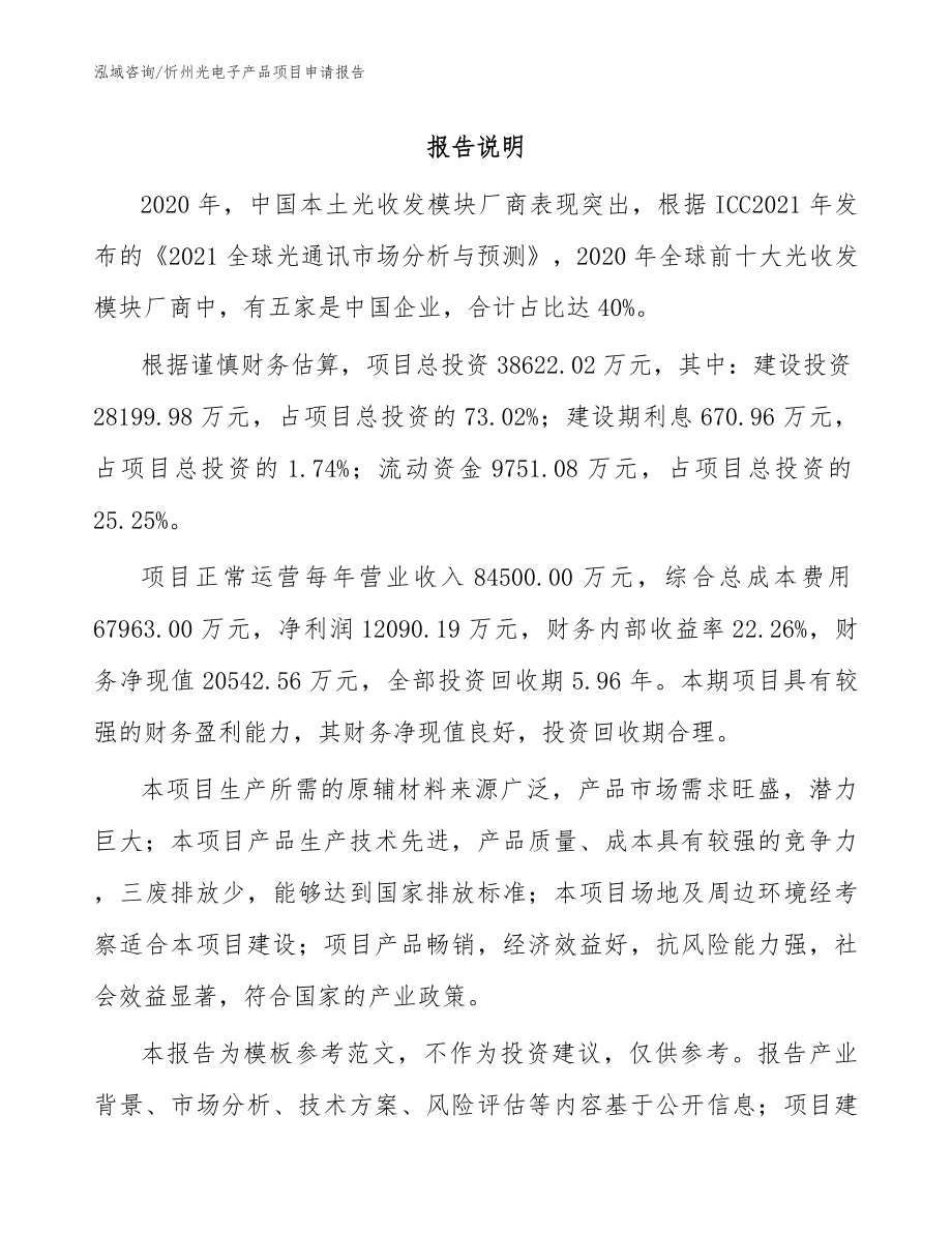 忻州光电子产品项目申请报告参考模板_第1页